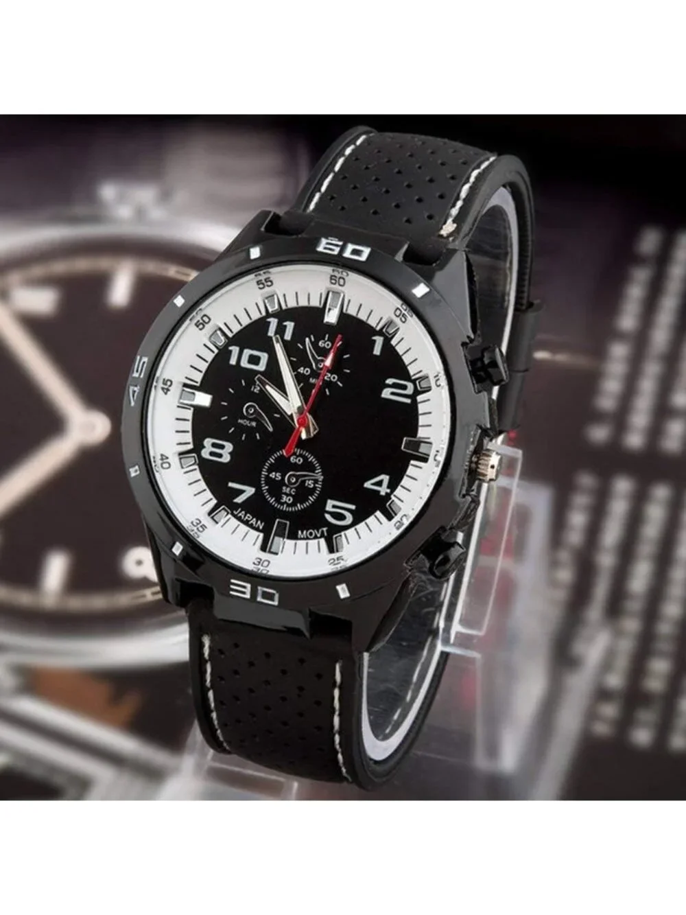 Men's Black And White Analog GT Racer Sport Military Pilot Aviator Classic Watch